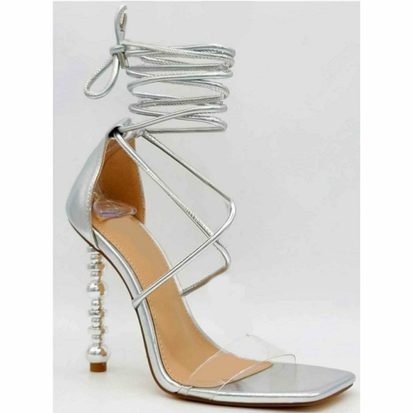 Shoes Silver Metallic Open Toe Strap Up Heels Poshmark